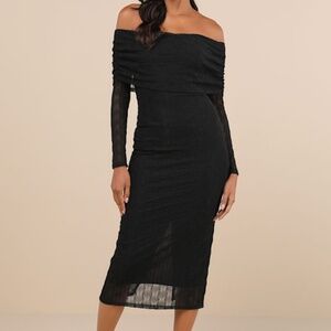 Lulus Demurely Chic Black Mesh Textured Off-the-shoulder Midi Dress - Size XS